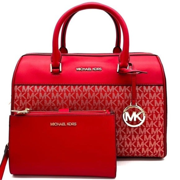 Michael Kors Medium Duffle Satchel Crossbody Bag & Large Double Zip Wallet Red - Picture 2 of 15